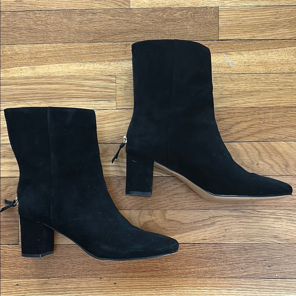 J. Crew Black Suede Boots with Block Heel and Pointed Toe